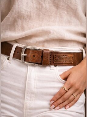 Distressed Leather Belt Utility Gear Brown 34”-38” Silver Buckle Vintage